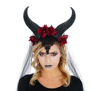 Chaks - Coiffe de méchante reine pour femmes, noire avec cornes, roses et voile, accessoire de costume pour Halloween