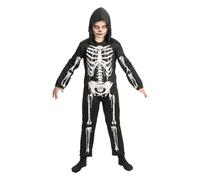 Chaks - Costume d'enfant squelette avec capuche, combinaison noire avec imprimé os, déguisement pour Halloween et carnaval