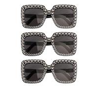 Chaks - Lunettes de soleil rétro, lot de 3, de fête rectangulaires avec strass, teintées en noir pour festivals et carnaval