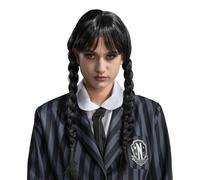 Chaks - Perruque Mercredi avec 2 tresses, coiffure tressée avec frange, en noir, cheveux synthétiques, accessoires pour costumes