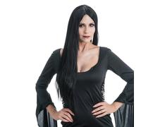 Chaks - Perruque Morticia Addams, accessoire de déguisement | Perruque officielle Mercredi à cheveux longs, cheveux synthétiques lisses avec raie au milieu, pour Halloween et carnaval