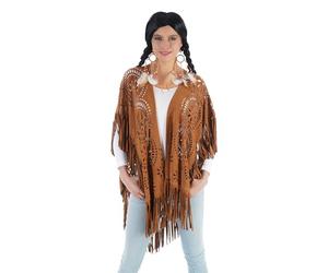 Chaks - Poncho indien, marron en aspect cuir avec franges & motifs indiens, costume pour festival, carnaval & fêtes à thème