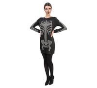 Chaks - Robe pour femme, costume squelette noir avec strass, manches longues, tenue élégante pour Halloween et carnaval