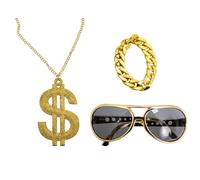 Chaks - Set d'accessoires de rappeur, chaîne en dollar doré, lunettes & bracelet, tenue pour les années 80, fête rétro des années 90, carnaval