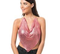 Chaks - Top pailleté pour femme, sans manches, look sexy métallique avec chaînes, tenue de fête clubwear festival