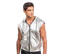 Chaks - Veste à capuche, métallique, sans manches avec fermeture éclair, gilet pour festival, fête, disco Mottoparty