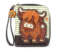 CHALA Portefeuille à fermeture éclair, bracelet, 8 emplacements pour cartes de crédit, cuir synthétique robuste, Vache Highland - Rayures vertes, Taille unique