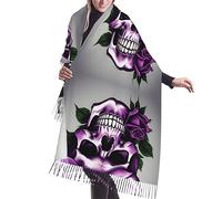 Châle à franges en faux cachemire violet et rose - Écharpe chaude à pompons - Écharpe tricotée à franges pour femme, Tête de mort rose violette, taille unique