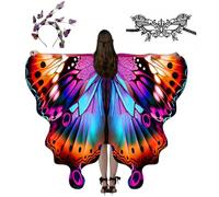 Châle ailes de papillon pour femmes et filles, cape avec masque pour les yeux en dentelle noire et bandeau papillon tridimensionnel, costume de fée Pixie (rose rouge + bleu)