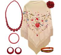 Châle de Manille avec accessoires : châle de Manille avec fleurs brodées, pince à cheveux fleur, collier, bracelet et boucles d'oreilles flamenco et bracelet en tissu., L