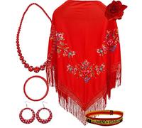 Châle de Manille avec accessoires : châle de Manille avec fleurs brodées, pince à cheveux fleur, collier, bracelet et boucles d'oreilles flamant rose et bracelet en tissu., Rouge 3 fleurs, L