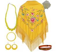 Châle de Manille avec accessoires : châle de Manille avec fleurs brodées, pince à cheveux fleur, collier, bracelet et boucles d'oreilles flamant rose et bracelet en tissu., Jaune, fleur, L
