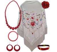 Châle de Manille avec accessoires : châle de Manille avec fleurs brodées, pince à cheveux fleur, collier, bracelet et boucles d'oreilles flamant rose et bracelet en tissu., Blanc, fleur, L