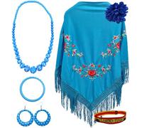 Châle de Manille avec accessoires : châle de Manille avec fleurs brodées, pince à cheveux fleur, collier, bracelet et boucles d'oreilles flamant rose et bracelet en tissu., Bleu 3 fleurs, L