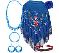 Châle de Manille avec accessoires : châle de Manille avec fleurs brodées, pince à cheveux fleur, collier, bracelet et boucles d'oreilles flamant rose et bracelet en tissu., Bleu foncé Fleur, L