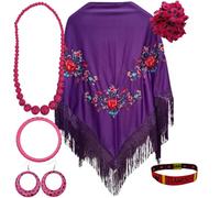 Châle de Manille avec accessoires : châle de Manille avec fleurs brodées, pince à cheveux fleur, collier, bracelet et boucles d'oreilles flamant rose et bracelet en tissu., violet, L
