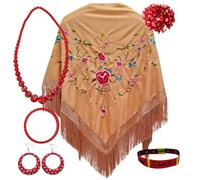 Châle de Manille avec accessoires : châle de Manille avec fleurs brodées, pince à cheveux fleur, collier, bracelet et boucles d'oreilles flamant rose et bracelet en tissu., ocre, L