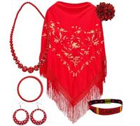 Châle de Manille avec accessoires : châle de Manille avec fleurs brodées, pince à cheveux fleur, collier, bracelet et boucles d'oreilles flamenco et bracelet en tissu., L