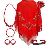 Châle de Manille avec accessoires : châle de Manille avec fleurs brodées, pince à cheveux fleur, collier, bracelet et boucles d'oreilles flamant rose et bracelet en tissu., Rouge 3 fleurs 2, L