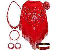 Châle de Manille avec accessoires : châle de Manille avec fleurs brodées, pince à cheveux fleur, collier, bracelet et boucles d'oreilles flamant rose et bracelet en tissu., Rouge - Fleur, L