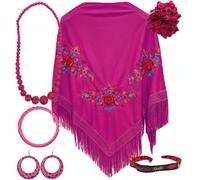 Châle de Manille avec accessoires : châle de Manille avec fleurs brodées, pince à cheveux fleur, collier, bracelet et boucles d'oreilles flamant rose et bracelet en tissu., fuchsia, L