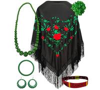 Châle de Manille avec accessoires : châle de Manille avec fleurs brodées, pince à cheveux fleur, collier, bracelet et boucles d'oreilles flamant rose et bracelet en tissu., Noir/vert, L