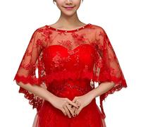 Châle de mariage en dentelle florale brodée pour femme - Capelet de mariée en tulle pour strass - Cache-cou en dentelle blanche, Rouge, taille unique
