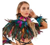 Châle de plumes avec 2 bracelets 3pcs / ensemble Cape de plumes d'Halloween colorées avec bracelet à cravate Collier gothique réaliste pour la fête, le costume, le cosplay