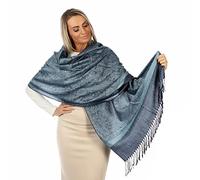 Châle Pashmina pour femme - Doux comme le cachemire, léger et élégant - Étole & foulard - Idéal avec une robe de soirée - Écharpe femme - Motif paisley - Avec franges, parfait pour les mariages (Blue)