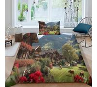Chalet Suisse Traditionnel Housse De Couette Ado Adulte avec Taie d'oreiller,3 Pièces Parure De Lit en Microfibre 3D Vaches paissant paisiblement Imprimé Motif Single(135x200cm)