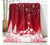 Chaleureux Festif Style, Doux Rouge Couverture en Flanelle | Super Douce et Confortable Étoiles Architecture Plantes Arbres Couverture polaire, 150 x 200 cm pour télévision ou sieste
