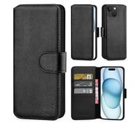 CHALK & HIDE - Étui Portefeuille en Cuir Véritable pour Apple iPhone 15 Plus (6.7"), Housse avec Blocage RFID Fente CB, Fermeture Magnétique et Fonction de Support - Noir