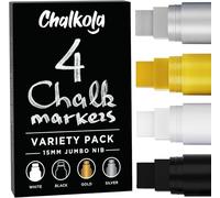Chalkola 15mm Jumbo Washable Car Window Paint Markers | (4 Pack, White, Black, Gold, Silver Chalk Pens) - Safe Erasable Liquid Chalk Markers for Blackboard Chalkboards, Glass Board, Auto, Mirror