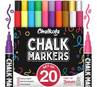 Chalkola 20 Marqueurs à Craie Liquide Pointe Fine (3 mm Réversible - Néon, Pastel, Or, Argent) | Stylos à Craie Fins pour Tableau Noir, Fenêtre, Voiture, Verre - Marqueurs Effaçables