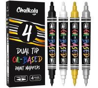 Chalkola 4 marqueurs peinture à base d'huile - Stylos de peinture à l'huile à double pointe (pointe fine de 1 mm + 5 mm, blanc, noir, or et argent) | Imperméables et permanents pour métal, pneu de