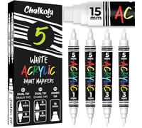 Chalkola 5 Feutre Blanc Acrylique Indelebile - Double Pointe Fine et Jumbo (1mm, 3mm, 5mm, 15mm) | Stylo Peinture pour Bois, Pierre Tombale, Metal, Verre, Pneu, Tissu, Toile, Plastique