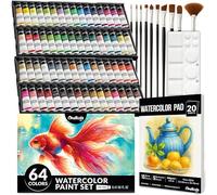 Chalkola Ensemble de peinture aquarelle - 64 tubes de peinture aquarelle (12 ml, 11,3 g), 10 pinceaux et 1 palette, 20 tampons d'aquarelle | Fournitures d'art pour adultes, enfants, débutants et