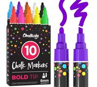 Chalkola Lot de 10 marqueurs à craie liquide pour tableau noir - Pointe réversible de 6 mm - Marqueurs effaçables pour fenêtre, verre, voiture, miroir, calendrier mural - Non toxiques, lavables et