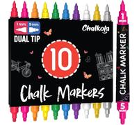 Chalkola Lot de 10 marqueurs à craie pour tableau noir lavables avec double pointe - 1 mm 5 mm fin et large doré argenté | Marqueur à craie effaçable pour fenêtre - Marqueur pour verre - Marqueur à