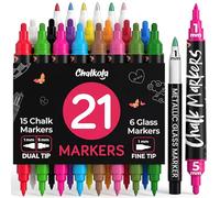 Chalkola Lot de 21 marqueurs à craie liquide à double pointe pour tableau noir, 1 mm + 5 mm à pointe fine, pointe grasse | Effaçable à l'humidité, stylos à craie pour tableau noir, fenêtres de voiture