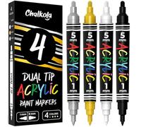 Chalkola Lot de 4 feutres de peinture acrylique à double pointe (blanc, noir, or, argent) - Pointes 1 mm & 5 mm | Marqueurs permanents pour roche, plastique, bois, céramique, verre, tissu et métal