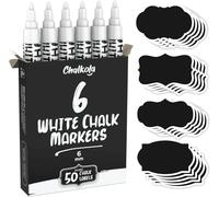 Chalkola marqueurs craie blancs (lot de 6, pointe réversible 6 mm) - Craie liquide effaçable à sec pour tableau noir, vitres, bistro, vitre de voiture, tableaux, calendriers + 50 étiquettes