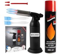 CHALUMINO Chalumeau de Cuisine Kit Complet avec Bouteille de Gaz 300ml + 2 Pinceaux Inclus, Chalumeau à 2 Sorties de Flamme Rechargeable en Butane pour Crème Brûlée, Pâtisserie et Barbecue