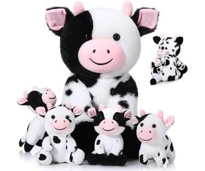 Chalyna 5 Pièces Set de Vache en Peluche 35 cm Maman Vache Adorable en Peluche avec 4 Bébés Vaches Mignonnes dans Son Ventre Vache Douce en Peluche Doudou de Vache pour Anniversaire(Mignon)