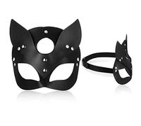 Chalyna Masque de Chat d'Halloween pour Femme Accessoire de Déguisement de Carnaval Demi-Masque en Cuir PU Noir pour Jeux de Rôle Fête de Cosplay (Style Classique)