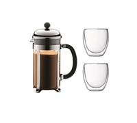 BODUM CHAMBORD Set cafetière à piston - 8 tasses - 1L - Gris - Avec 2 verres double paroi Pavina 0,35l