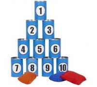 Chamboule tout 10 boites metal et 3 sacs tissu - jeu de massacre casse boite - jeu de lancer enfant - set kermesse fete et carte