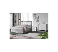 LINEAL - Chambre 160x200cm Blanche et Gris Béton Lit-Coffre avec Leds + 2 Chevets + Commode - Altobuy Blanc