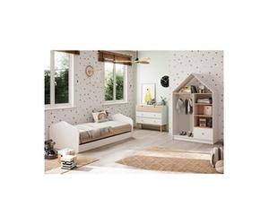 Chambre 90x200cm avec Commode 4T et Dressing Cabane Coloris Blanc et Naturel - KAINA -