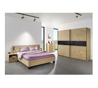 Chambre à coucher collection MORGANE : armoire 200 cm, lit avec applique 140x200, commode, chevets, chêne doré et noir